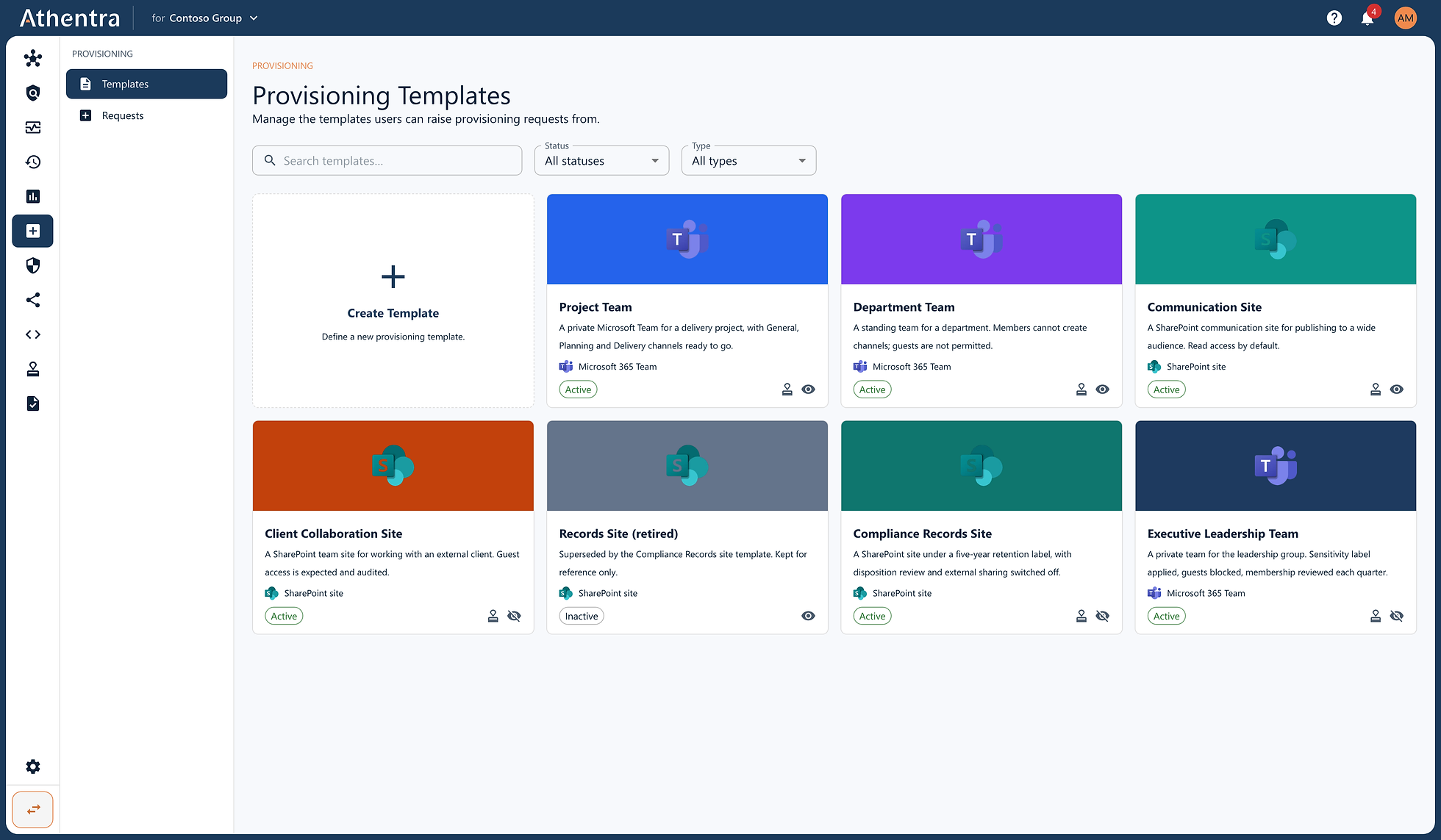 One template per kind of workspace, each versioned and audience-targeted.